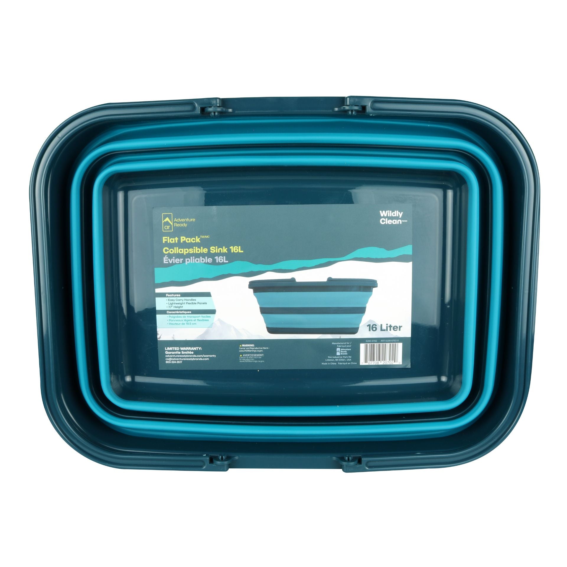 The Adventure Ready Collapsible Sink 16L in collapsed form. The angle of this shot is taken from top down to show the packaging. The label covers 80% of the bottom of the sink. It has the brand's logo, the name of the product, lists the features, calls out it being a 16 liter sink, includes the side profile image, the UPC barcode, warranty information, warnings, and company information.