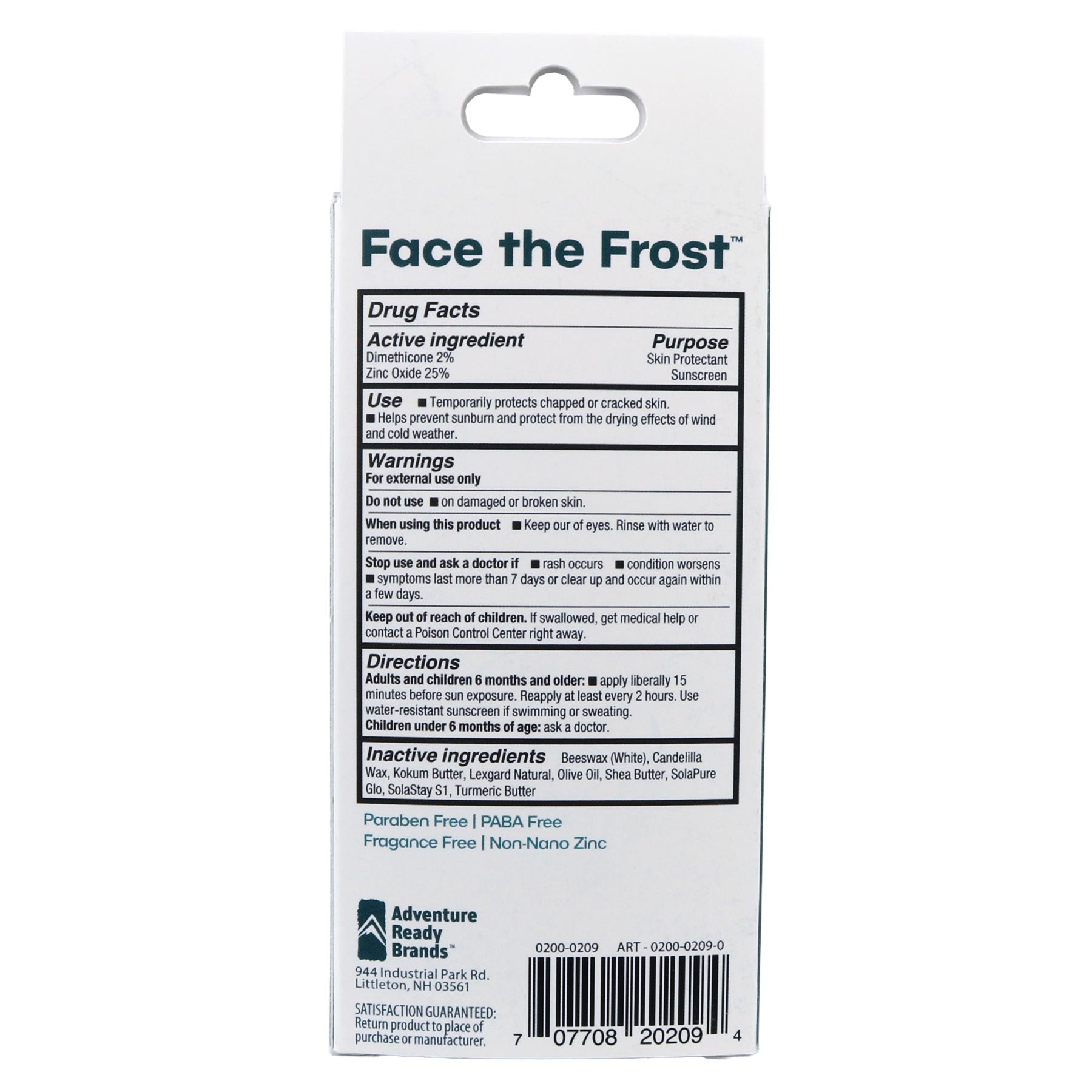 The back of packaging on white background for the Adventure Ready Face the Frost. The back of the pack has drug facts, use, warnings, directions, and active ingredients. It also notes paraben free, PABA free, fragrance free, and non-nano zinc. Additionally, the company information is available and the UPC barcode is visible.