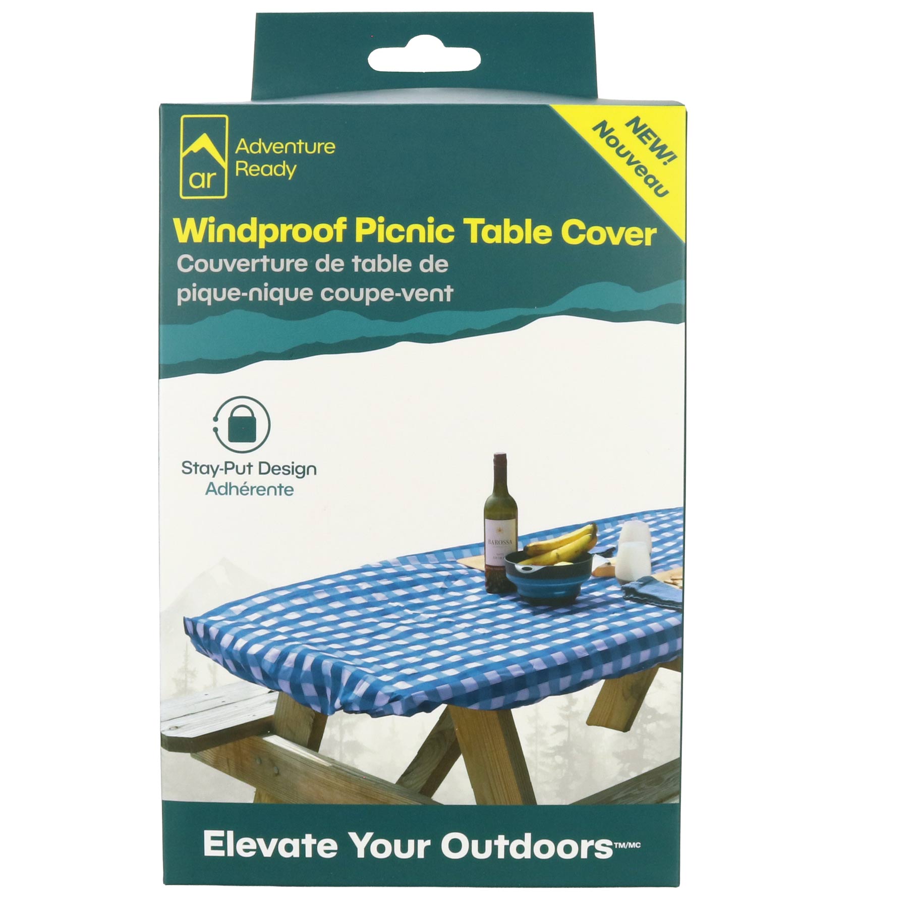 Image shows the Adventure Ready Picnic Table Cover - Blue Gingham on a white background. The packaging shows brand logo, product name, notes it's new, calls out the unique design, and shows an image of it in use, with a tagline. There are also French translations.