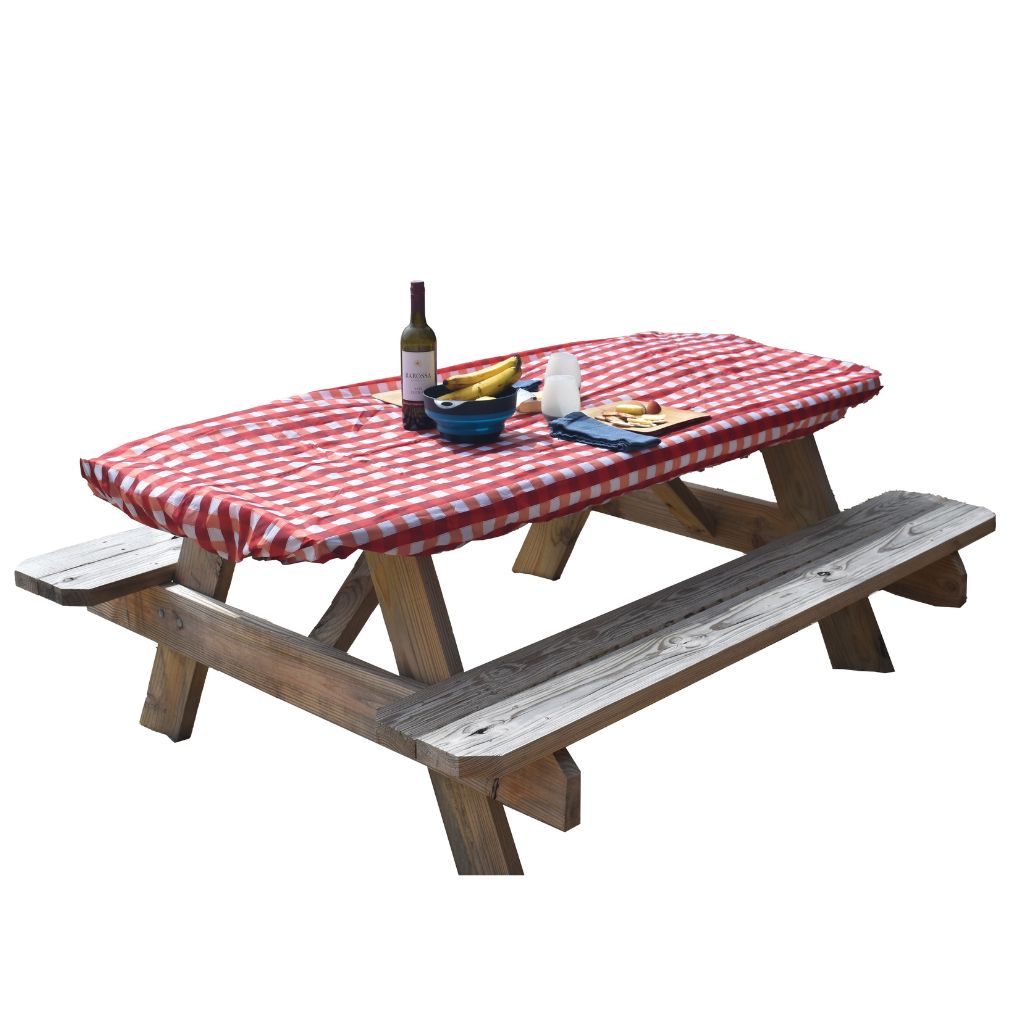 Image showing the Wildly Fun Picnic Table Cover on a traditional wooden picnic table