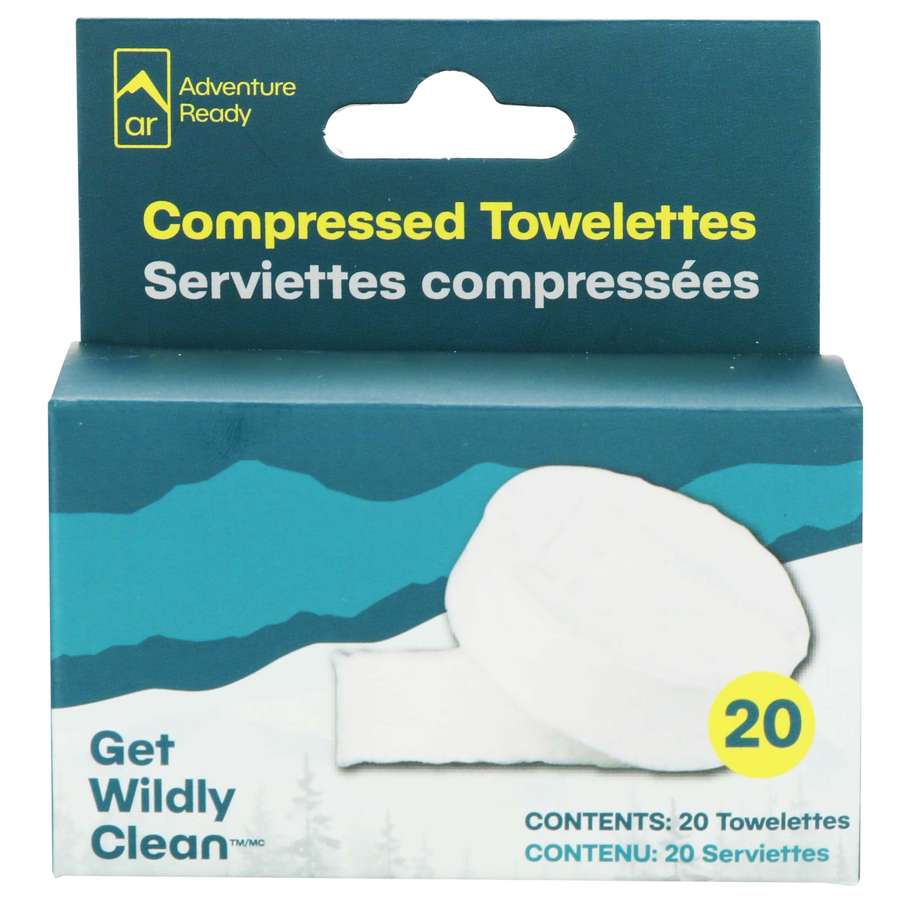 Packaging box of the Adventure Ready Compressed Towelettes. In top left corner of the box is the Adventure Ready Logo. Then below are words reading "Compressed Towelettes" below is the French" "Serviettes compressées". In packaging image there is a tagline "Get Wildly Clean (tm/mc)" and a section reading "Contents: 20 towelettes" and below in french "Contenu: 20 Serviettes"