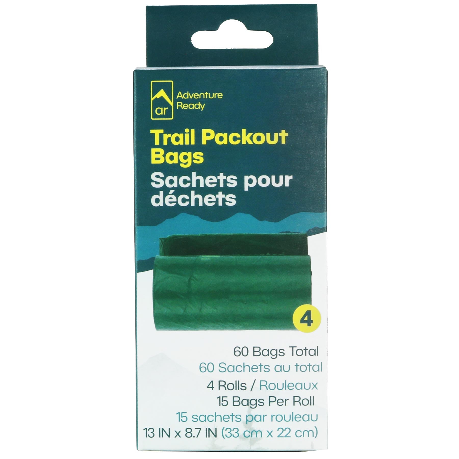The Adventure Ready Trail Packout Bag box packaging on white background. There is an image of a roll of the bags. The packaging includes the Adventure Ready logo. The product reads "Trail Packout Bags" and below it is French "Sachets pour déchets". More words are on the packaging "60 Bags Total" "4 Rolls" "15 Bags Per Roll" "13 IN x 8.7" there are also French "60 Sachets au total" "4 Rouleaux" "15 sachets par rouleaux" "(33 cm x 22 cm)"