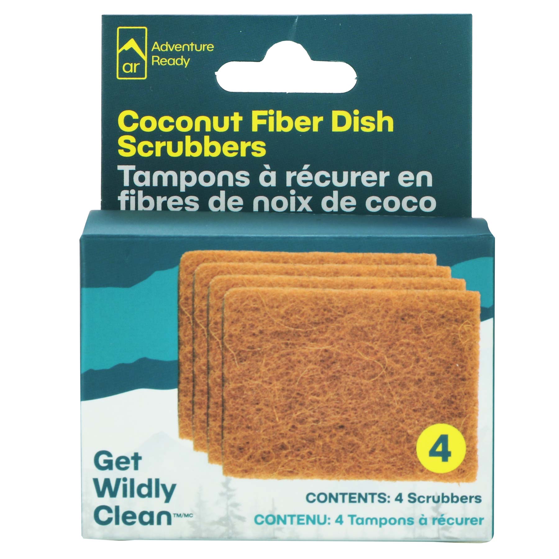 The Adventure Ready Coconut Fiber Dish Scrubbers packaging on a white background. The Packaging includes the brand logo, product name, "Get Wildly Clean" tagline with contents mentioning 4 scrubbers included. There are also French translations on the packaging.