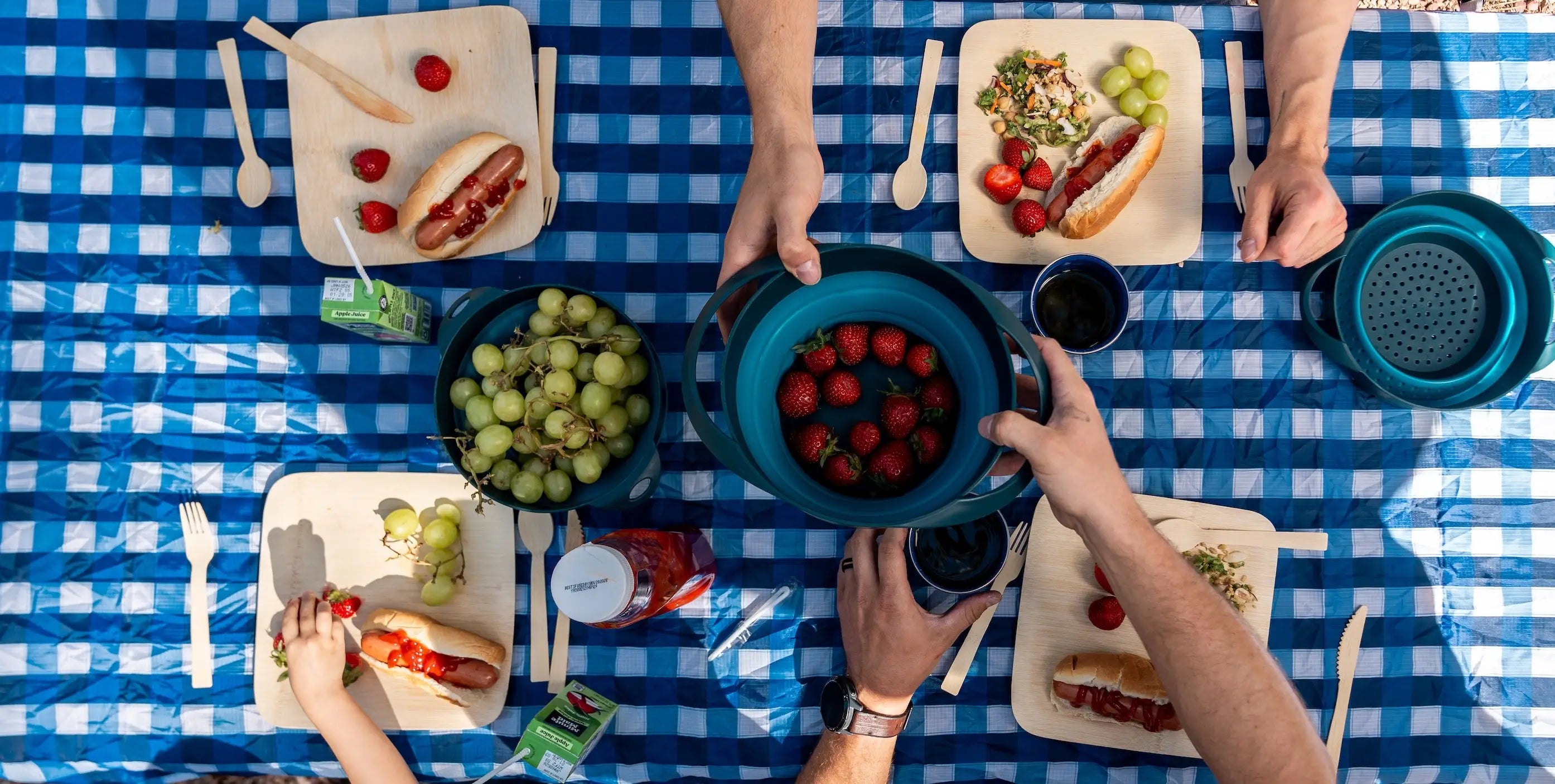 Overhead view of a picnic scene on a blue-and-white checkered blanket, with multiple people's hands holding and using a set of teal collapsible camping cookware items, including bowls, cups, and a strainer, alongside plates of food.