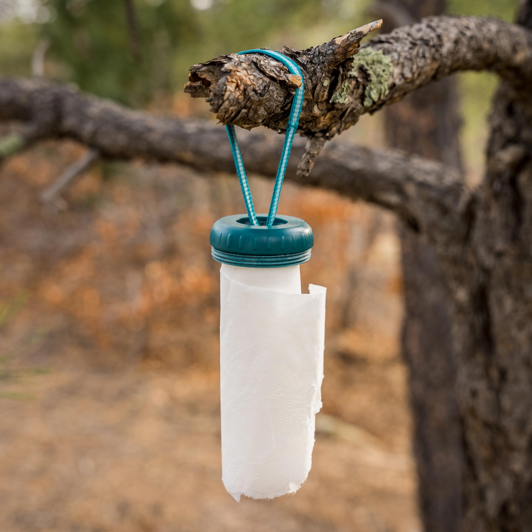 The AR trowel's toilet roll dispenser hanging on a tree branch in the wild.