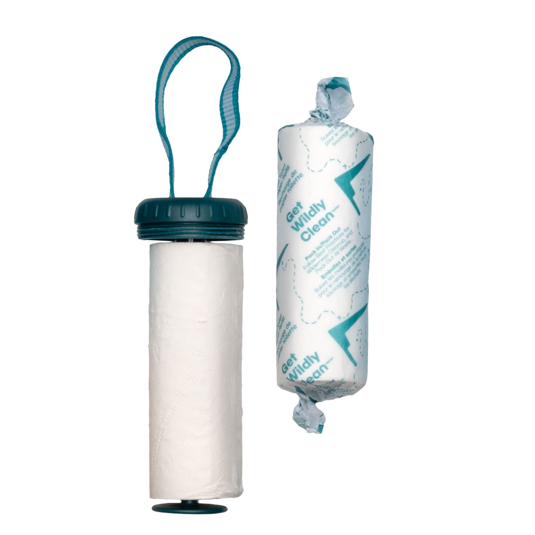 The Adventure Ready Trowel Toilet kit's toilet paper dispenser roll next to a TP refill in wrapper, on white background.