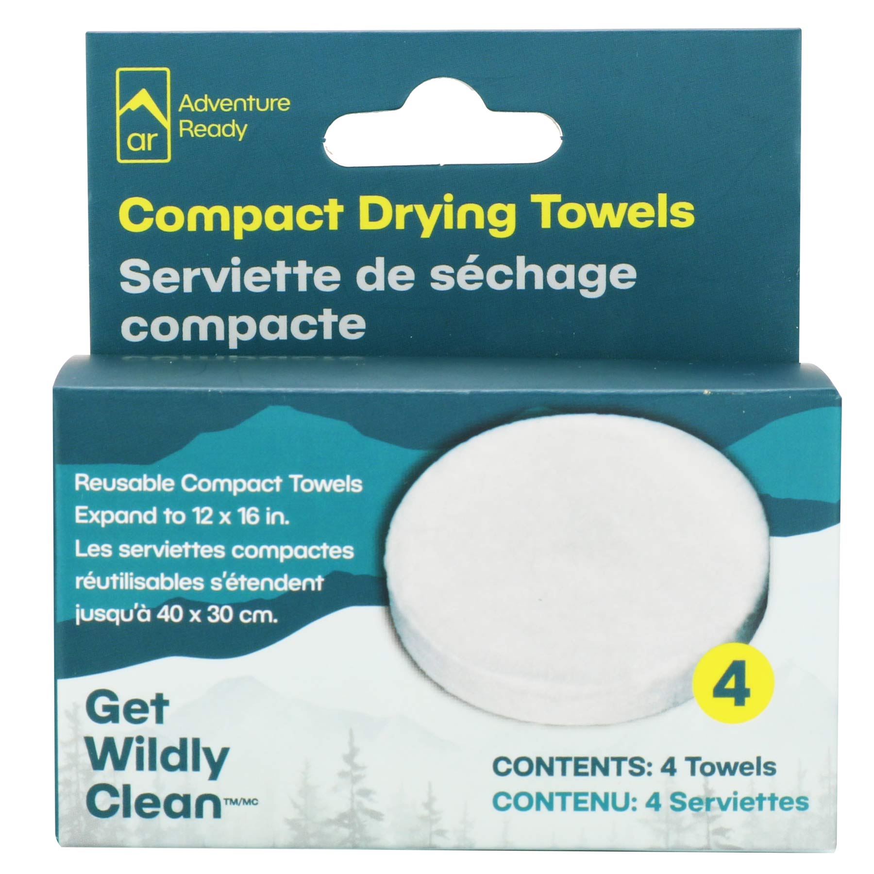 The image shows the AR Compact Drying Towels packaging on white background. The packaging shows the brand logo, product name, contents, tagline, and text noting "Reuseable Compact Towels Expand to 12 x 16in." Information is in English and French.