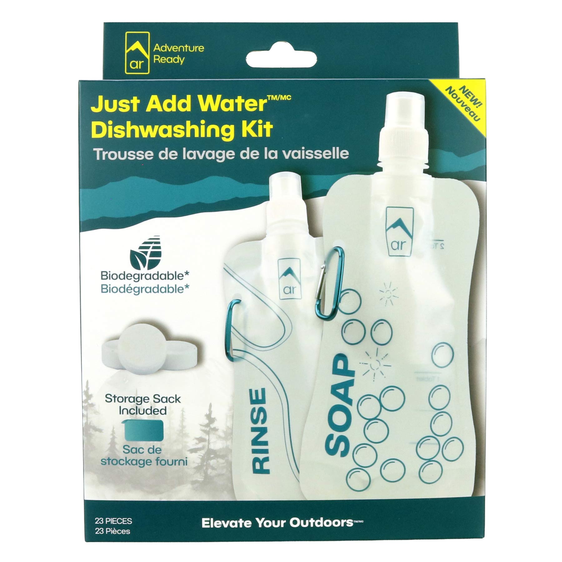 The front packaging of the Just Add Water Dishwashing Kit on white background. The packaging shows the brand logo, product name, key call outs, and image of the components. The package comes with 23 pieces. Languages on this box are English and French.