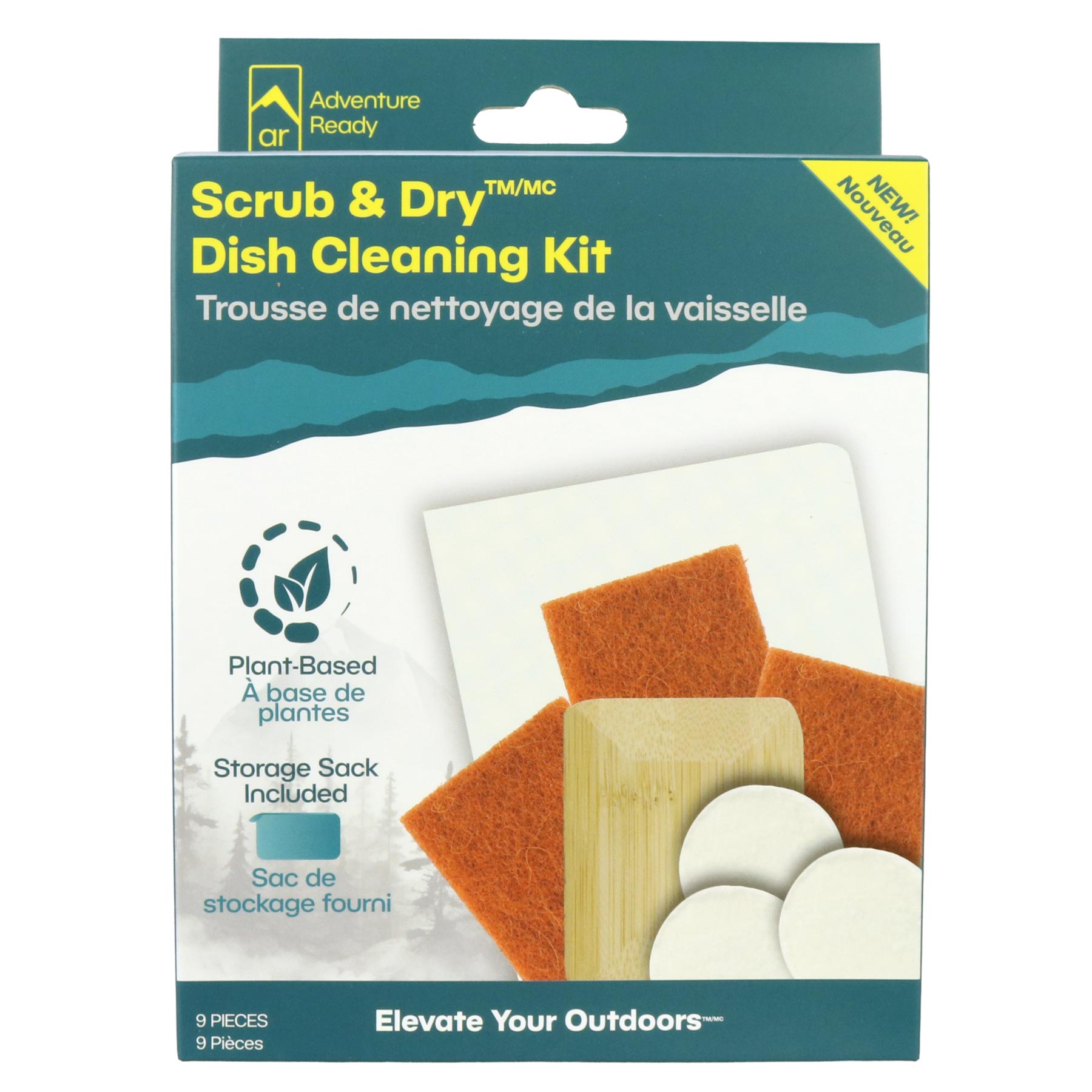 The Adventure Ready Scrub & Dry Dish Cleaning Kit packaging on a white background. The packaging shows the brand logo, product name, images of the product components, mentions 9 pieces, plant-based materials and a storage sack included. The languages are English and French.